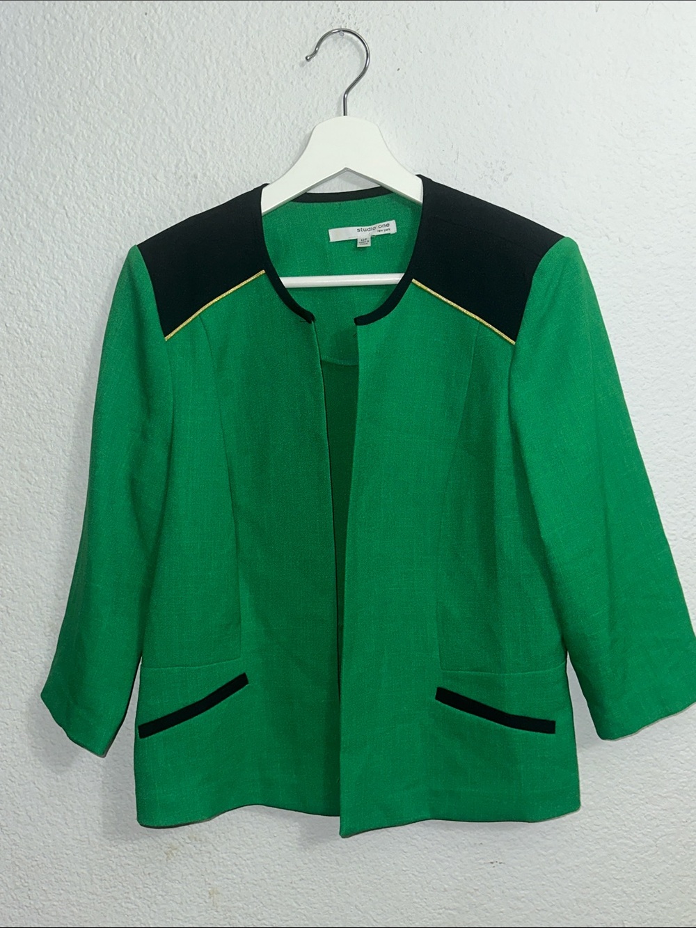 Studio One New York Green Blazer Open Front Padded Shoulders Womens‎ 12 Petite